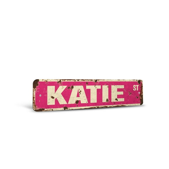 KATIE Vintage Style Rustic Street Sign – Childrens Name Room Sign Retro Decorative Wall Sign for Home, Bar, Garage, or Outdoor Use | 6" X 24" Aluminum Metal Road Sign