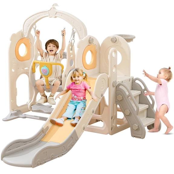 KATLAZIC Toddler Slide with Swing Set, 6-in-1 Indoor Playset for Ages 1-3, L Shaped Slide with Basketball, Baby Slide Hoop for Boys and Girls