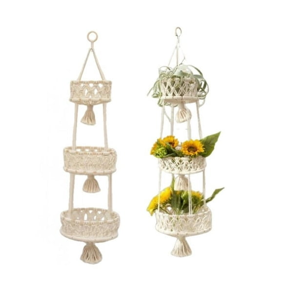 KATULI Macrame 3 Tier Hanging Basket with Handmade Cotton Rope Boho Organizer, Beige