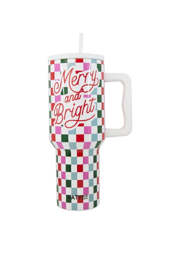 Stainless Steel Large Capacity 38 oz. Vacuum Insulated Cup Printed Tumbler With Handle, Merry & Bright Checkered