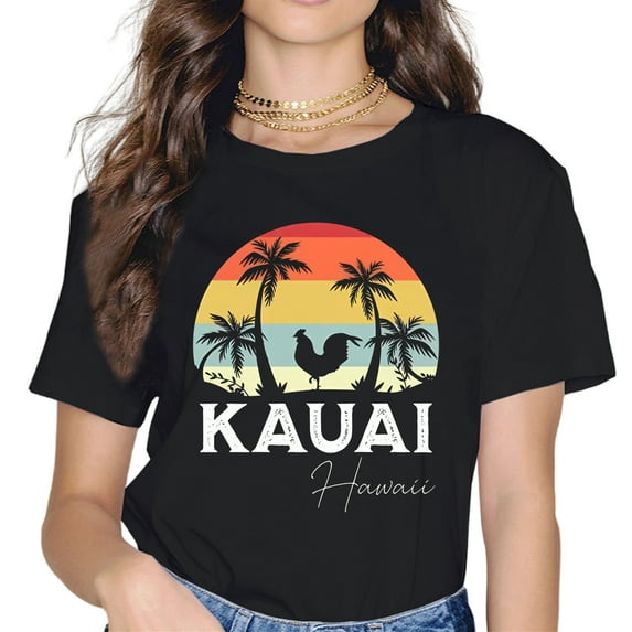 KAUAI Hawali Letter Printed T-shirts Women Summer Casual Short Sleeved Tee Round Neck Tops
