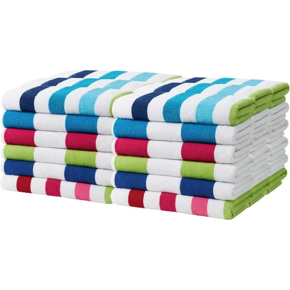 KAUFMAN - Soft Oversized Beach Towels in Bulk | 30" x 60" Cabana Striped Beach Towels | 100% Terry Cotton Thick Beach Towels (36 Pack)