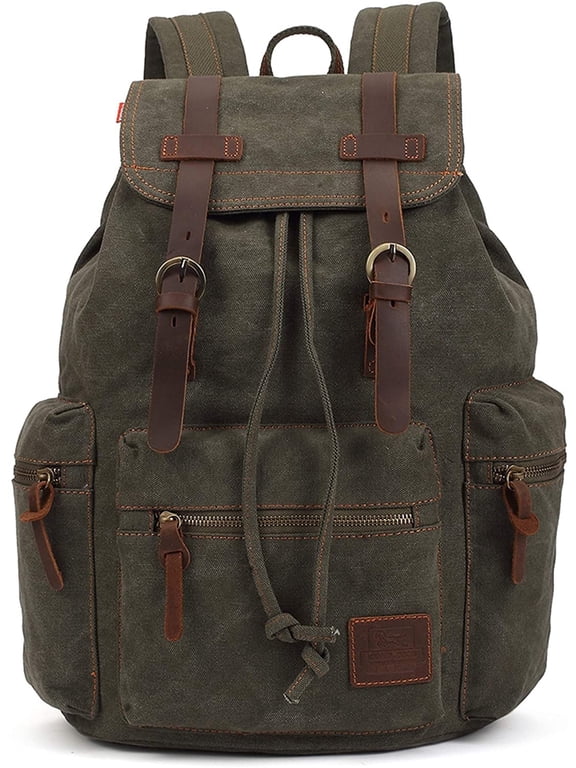 Vintage Casual Canvas and Leather Rucksack Backpack, 1Green