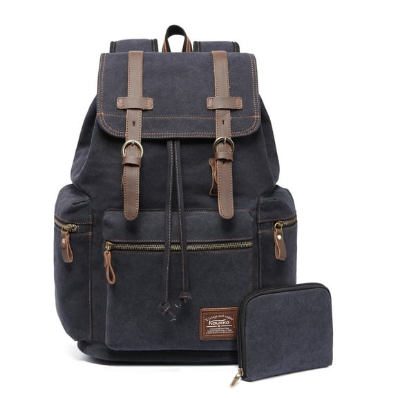 KAUKKO Vintage Casual Canvas and Leather Rucksack Backpack (Canvas Black2pc)