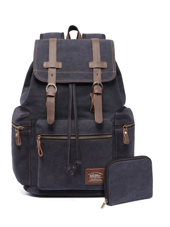 Vintage Casual Canvas and Leather Rucksack Backpack (Canvas Black2pc)