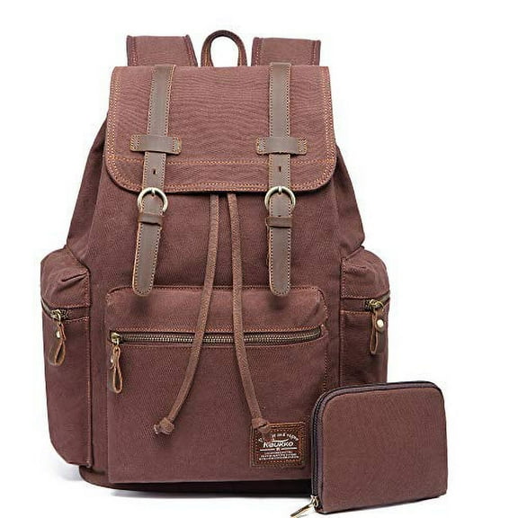 KAUKKO Vintage Casual Canvas and Leather Rucksack Backpack (Canvas Coffee2pc)