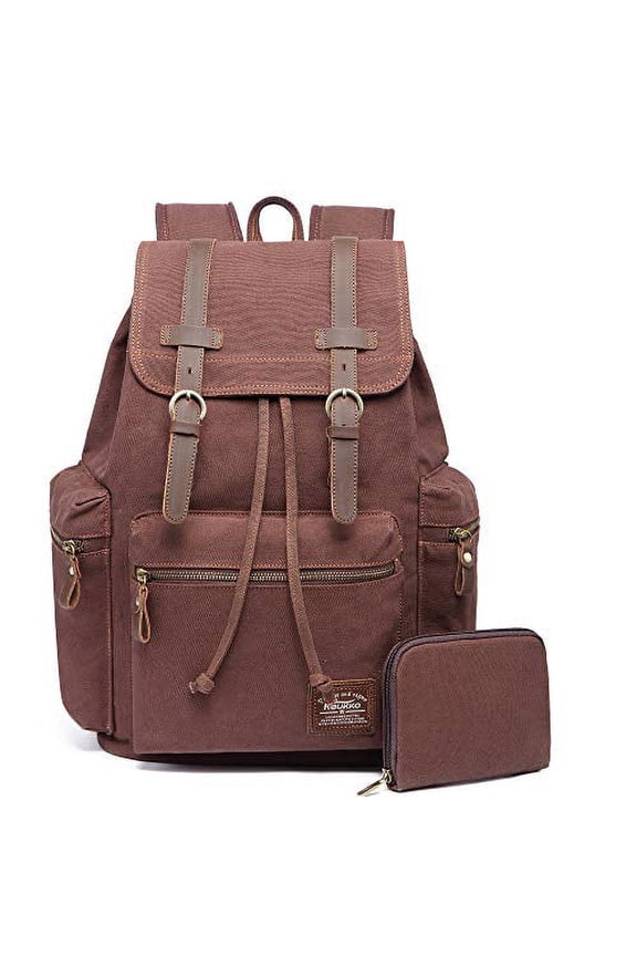 Vintage Casual Canvas and Leather Rucksack Backpack (Canvas Coffee2pc)