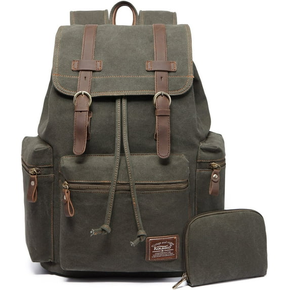 KAUKKO Vintage Casual Canvas and Leather Rucksack Backpack (Canvas Green2pc)