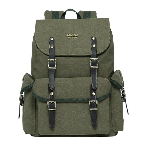 KAUKKO Vintage Casual Canvas and Leather Rucksack Retro Backpack for School Work Travel Hiking(ArmyGreen Canvas)