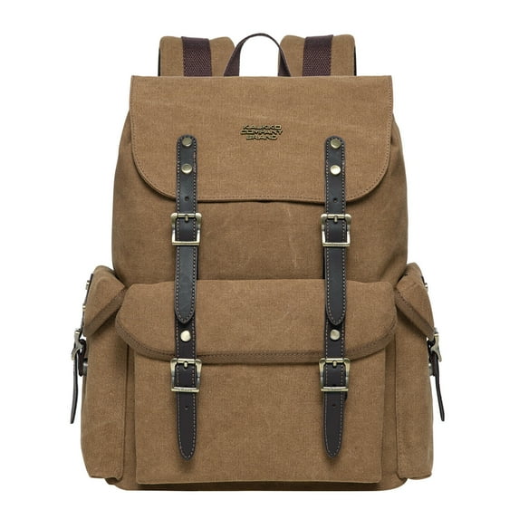 KAUKKO Vintage Casual Canvas and Leather Rucksack Retro Backpack for School Work Travel Hiking(Khaki Canvas)
