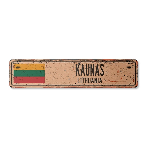 KAUNAS LITHUANIA Vintage Plastic Street Sign Lithuanian flag city country road wall gift | Indoor/Outdoor | 18" Wide
