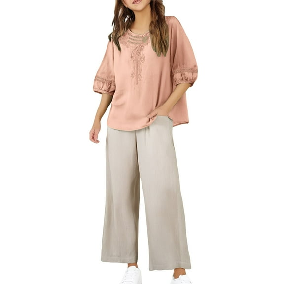 KAUOD 2 Piece Teen Girls Tops Pants Set Thin Lightweight Lace Embroidery Shirt Wide Leg Baggy Trousers Loose Soft Clothes