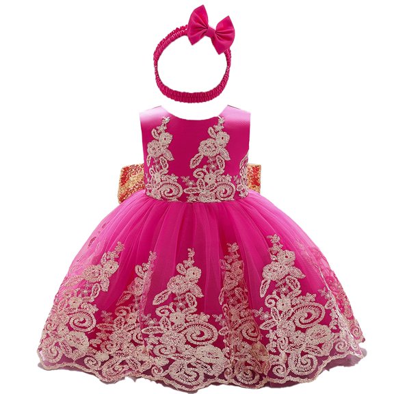 KAUOD 2Pcs Toddler Baby Girls Dress Pageant Wedding Flower Girls Dress Formal Gowns Embroidered Lace Dress+Headwear