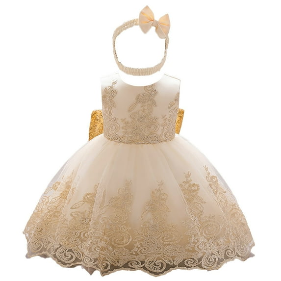 KAUOD 2Pcs Toddler Baby Girls Dress Pageant Wedding Flower Girls Dress Formal Gowns Embroidered Lace Dress+Headwear