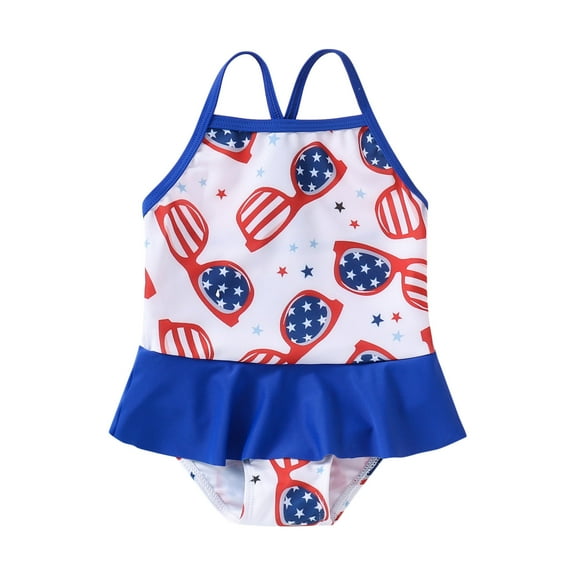 KAUOD 4th of July Toddler Girls Sleeveless Crisscross Cartoon Swimwear One Piece Cute Ruffle Summer Beach Romper Bikini
