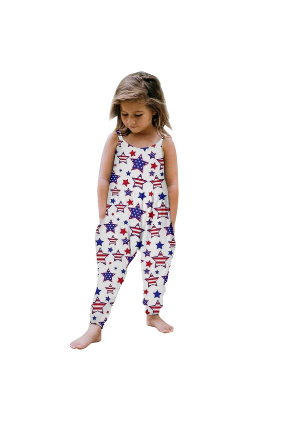 4th of July Toddler Girls Sleeveless Jumpsuit Striped Star Print Classic Patriotic Themed One Piece Strap Outfit