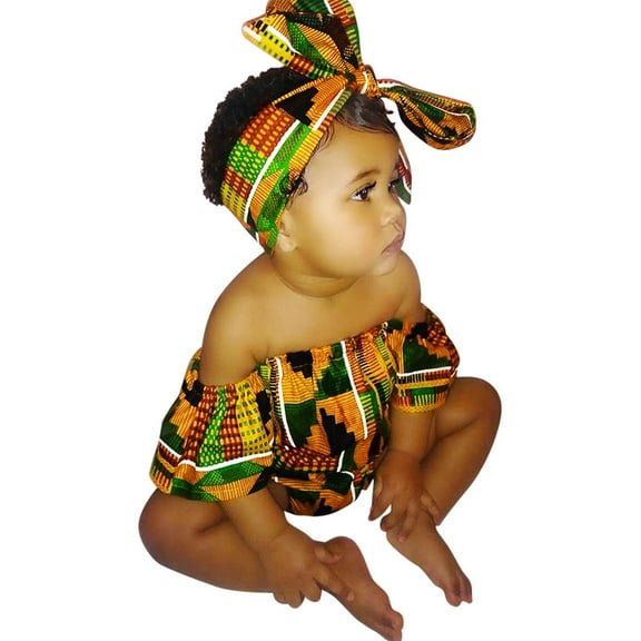 KAUOD African Baby Clothes Girl Dashiki Ankara Outfit Set Ethnic Bohemian Style Off-Shoulder Romper Bodysuit+Headband