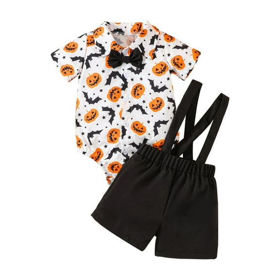 KAUOD Baby Boys Halloween Romper with Overall 2 Piece Pumpkin Graphic Bodysuit Jumpsuit Outfits New Born Thin Lightweight