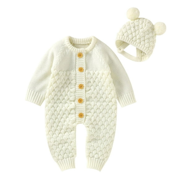 KAUOD Baby Boys Knit Jumpsuits with Hat New Born Crochet Button Front Rompers Outfits Soft Breathable Cotton Rompers