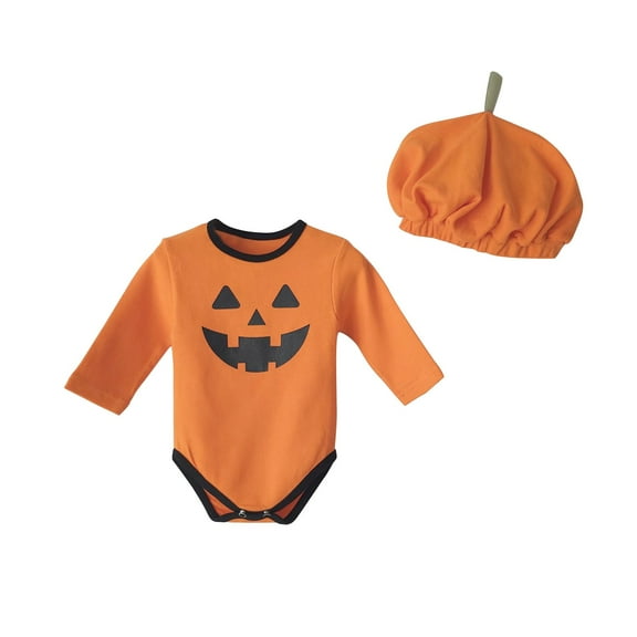 KAUOD Baby Boys Pumpkin Romper with Hat Halloween Cute Devil Graphic Pullover Bodysuit New Born Boys Cotton Romper Outfits