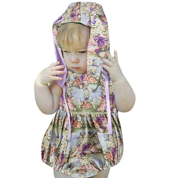 KAUOD Baby Girl Easter Outfit Toddler Sleeveless Bodysuit Romper Floral Bunny Printed Jumpsuit with Cute Rabbit Ears Hat Set