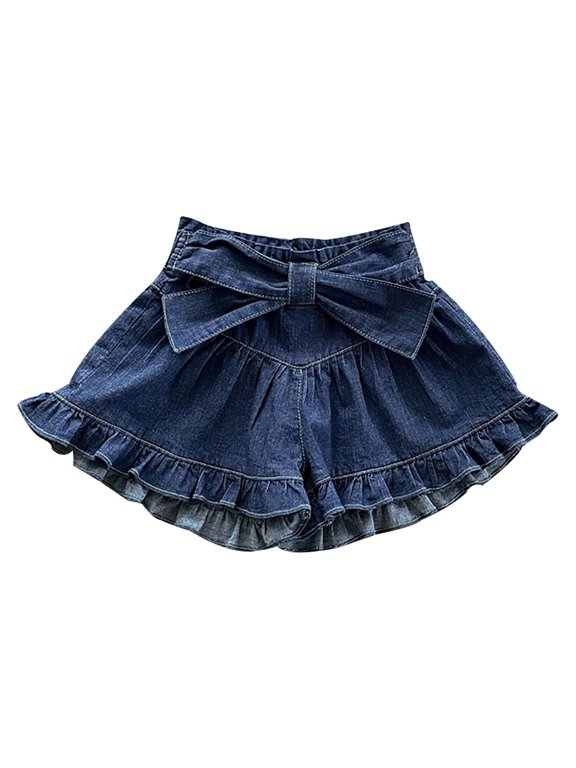 Baby Girls Denim Shorts Cute Ruffle Hem Beach Shorts Toddler Summer High Waisted Jeans Short with Bowknot Belt