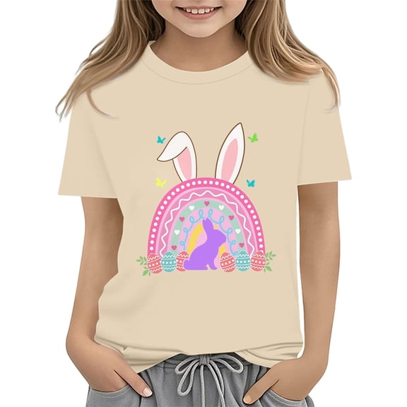 KAUOD Baby Girls Easter's Day T-Shirt Color Bunny Shirts Short Sleeve Tee for Toddler Girls Kids Cotton Tee Tops