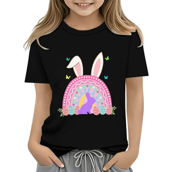 KAUOD Baby Girls Easter's Day T-Shirt Color Bunny Shirts Short Sleeve Tee for Toddler Girls Kids Cotton Tee Tops