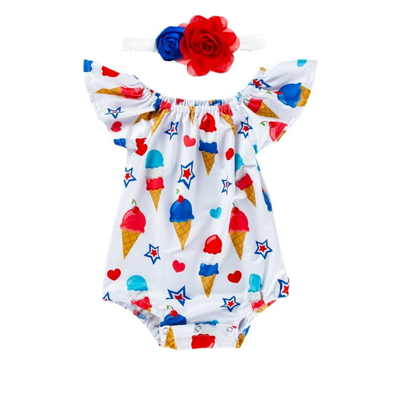 KAUOD Baby Girls July 4th Romper Headband Set Toddler Fly Sleeve Cute Themed Outfits 2pc Toddler Birthday Clothes