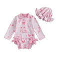thumbnail image 1 of KAUOD Baby Girls One Piece Long Sleeve Swim Cover up with Hat Bow Print Ruffles Ruched Rash Guard Beach Sport Swimwear, 1 of 6