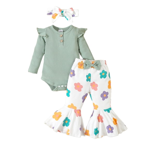 KAUOD Baby Girls Ribbed Knit Outfits 3 Piece Ruffle Long Sleeve Bodysuit Print Flared Pants Headband Spring Cute Set