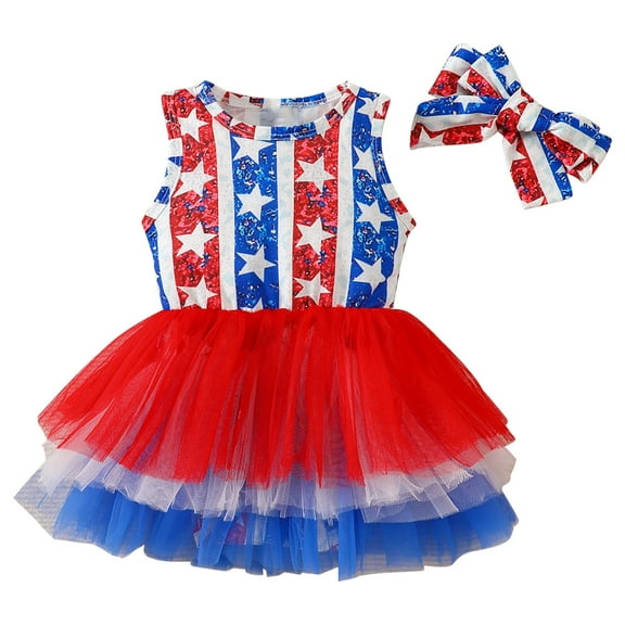 KAUOD Baby Girls Star Flag 4th of July Dress Romper with Hairband Sleeveless Tulle Tutu Dress Jumpsuit Patriotic Bodysuits
