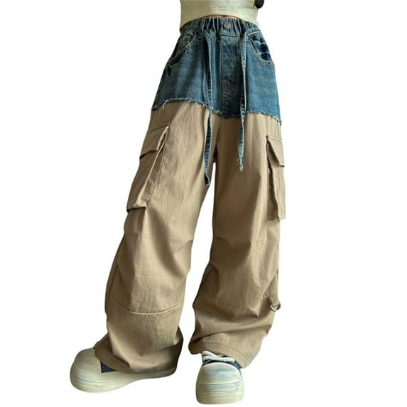 KAUOD Baggy Cargo Pants for Girls Baggy Jeans Kids Y2K Aesthetic Streetwear Wide Leg Denim Pants Elastic Waist Cargo Jeans