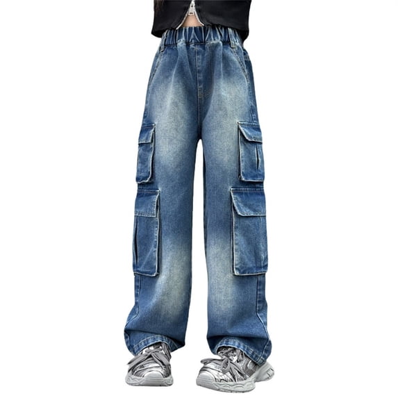 KAUOD Baggy Jeans for Kids Cargo Jeans High Waisted Straight Leg Denim Pants Y2K Girls Wide Leg Cargo Pants Boyfriend Jeans