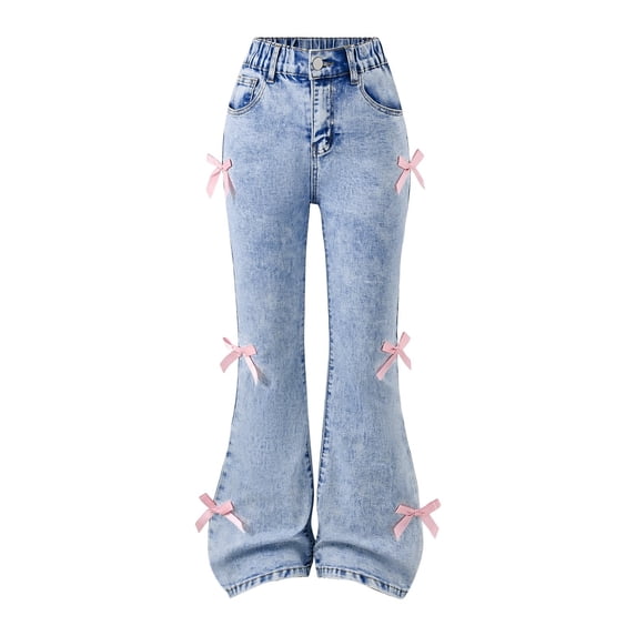 KAUOD Bow Flare Jeans for Girls Cute Zipper Fly High Waist Washed Denim Pants Slim Fit Stretchy Y2K Bell Bottom Jeans