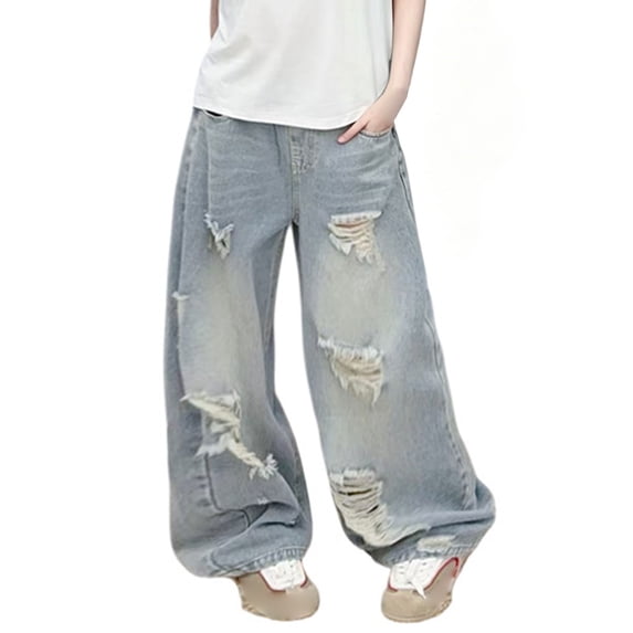 KAUOD Boy Ripped Jeans Wide Leg Vintage Washed Denim Pants Stretch Fashion Cargo, Trendy Loose Fit Trousers for Boys Girls