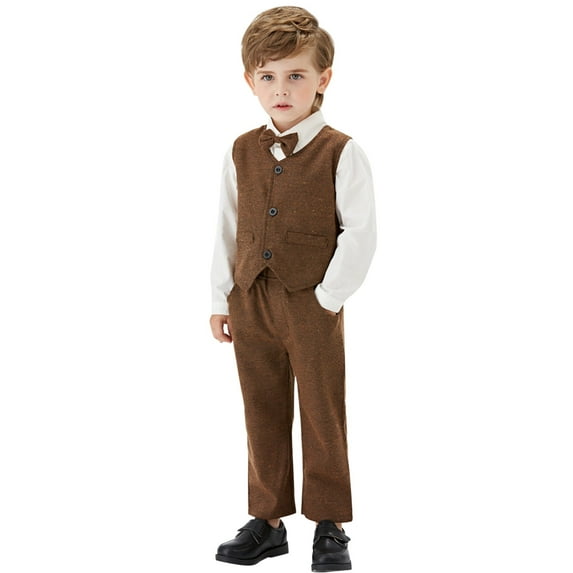 KAUOD Boys 2 Piece Cotton Vest Set Sleeveless Button Front Tank Top+collar Shirt and Wide Leg Pants Kids Uniform Clothes