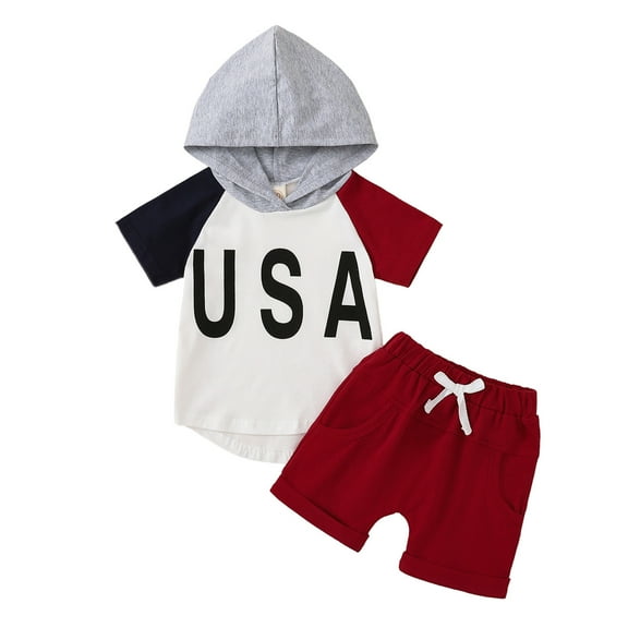 KAUOD Boys 4th Of July Clothing 2 Piece Outfit Independence Day Shorts Sets USA Print Short Sleeve Hooded Tops Shorts