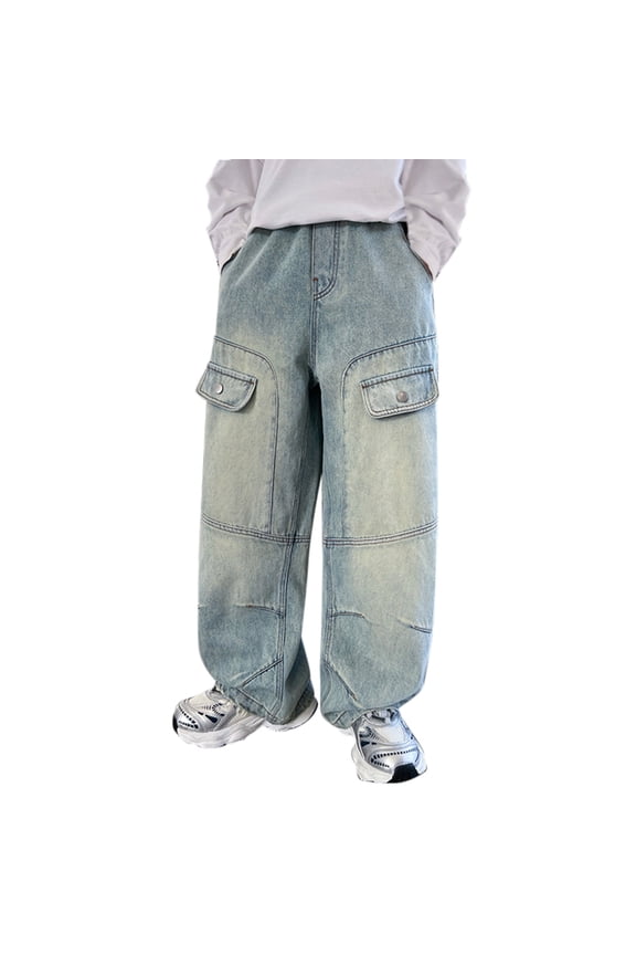 Boys Baggy Jeans for Kids Casual Straight Wide Leg Cargo Jeans Y2K Loose Elastic Waist Denim Pants Trousers with Pockets