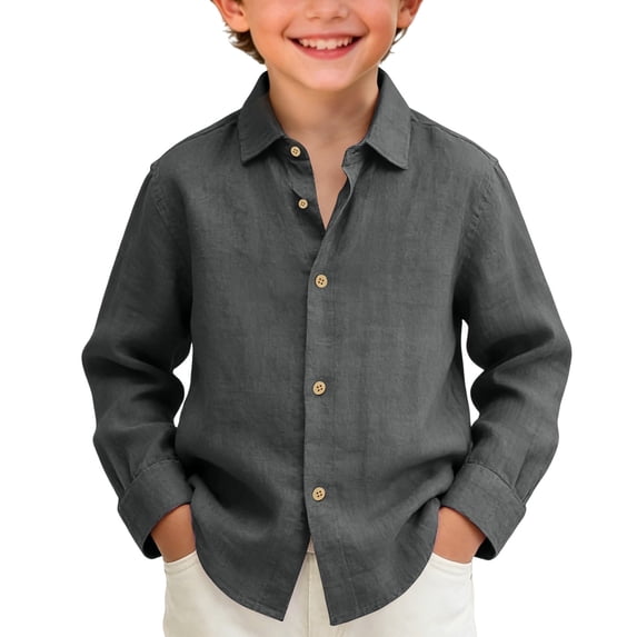 KAUOD Boys Button Down Linen Dress Shirt Long Sleeve Classic Collared Western Shirts Kids Loose Solid Casual Tops Summer Camisas
