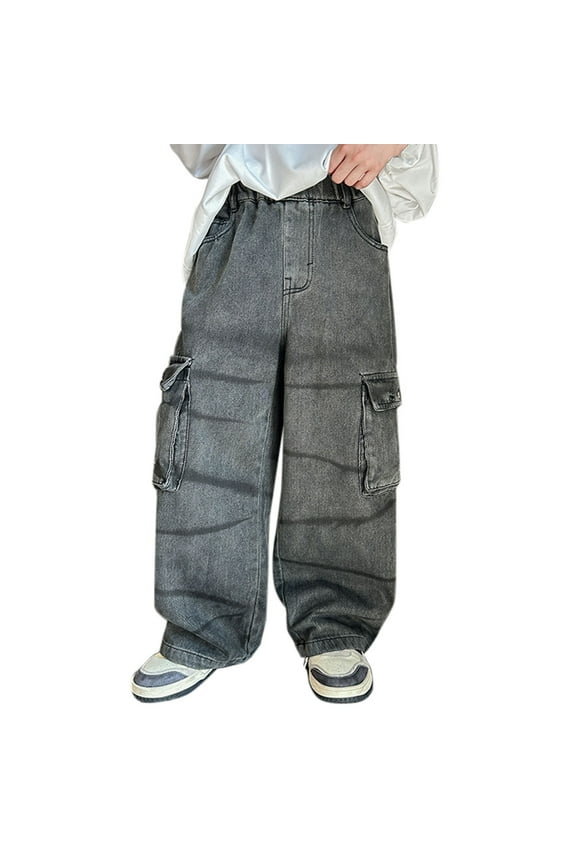 Boys Cargo Baggy Jeans Crinkle Texture Wrinkled Denim Pants Loose Straight Trousers Big Pockets Y2k Hip Hop Streetwear