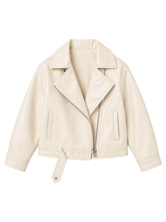 Boys Faux Leather Jacket Kids Lapel Zip Up Motorcycle Coat Casual Cropped Long Sleeve PU Leather Moto Biker Jacket Pockets