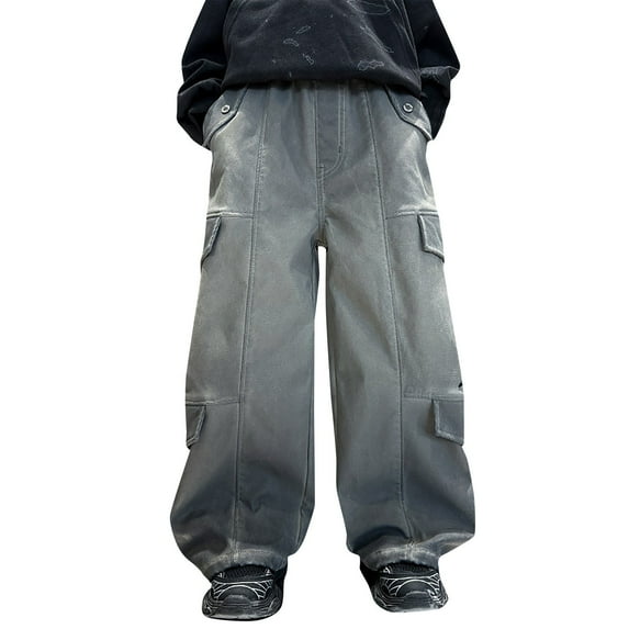 KAUOD Boys Fleece Cargo Pants Wide Leg Baggy Vintage Trendy Elastic Waist Sweatpants Winter Multi-Pockets Joggers Pants