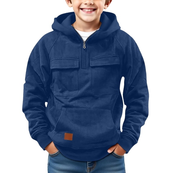 KAUOD Boys Fleece Cropped Zipper Hooded Coats Plain Long Sleeve Pullover Sweatshirts Cotton Soft Warm Oversized Pockets Tops