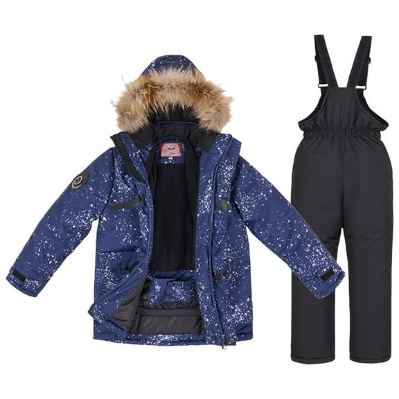 KAUOD Boys Girls 2 Piece Snow Suits Faux-F𝐮r Hood Ski Jackets Bib Snow Pants Set Kids Outdoor Waterproof Ski Suits