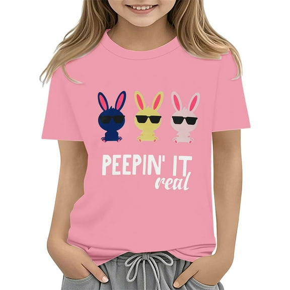 KAUOD Boys Girls Easter T-Shirt Kids Peepin It Real Bunny Funny Letter Graphic Tees Toddler Cute Summer Cotton Tee Tops