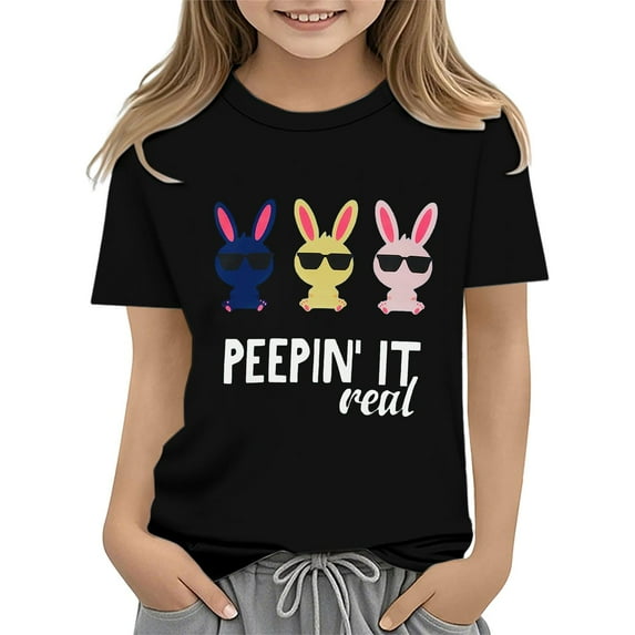 KAUOD Boys Girls Easter T-Shirt Kids Peepin It Real Bunny Funny Letter Graphic Tees Toddler Cute Summer Cotton Tee Tops