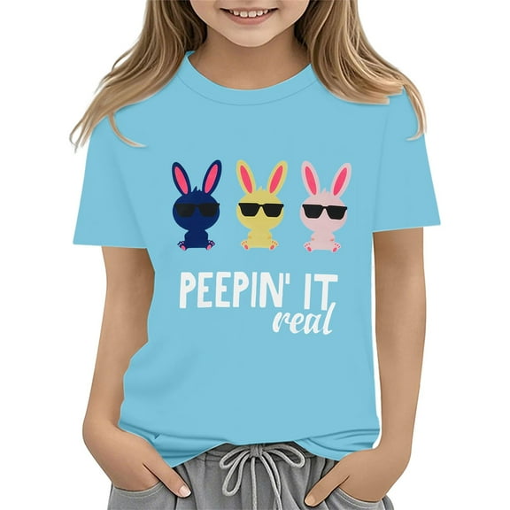 KAUOD Boys Girls Easter T-Shirt Kids Peepin It Real Bunny Funny Letter Graphic Tees Toddler Cute Summer Cotton Tee Tops