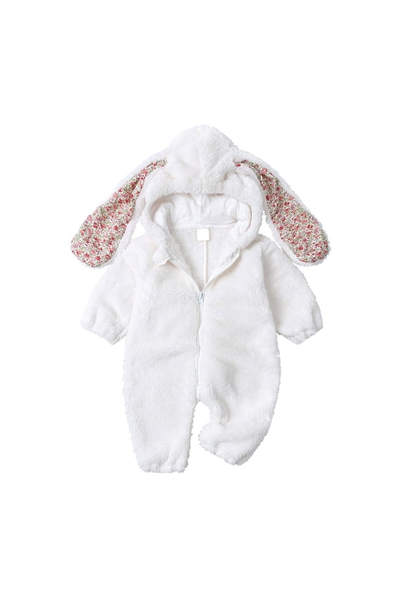 Boys Girls Fleece Snowsuits Jumpsuits Cute Bunny Ear Hooded Bodysuit Zip up Fuzzy Plush Padded Warm Romper Outfits
