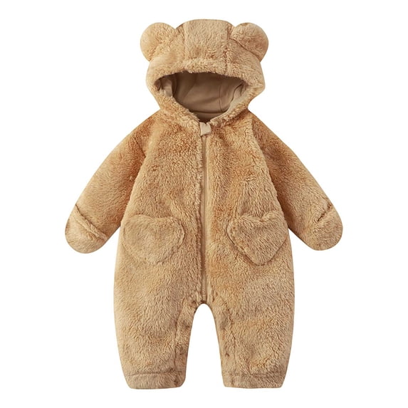 KAUOD Boys Girls Front Zipper Hooded Jumpsuits Fuzzy Padded Winter Snowsuit Bodysuit New Born Plain Plush Warm Romper Outfits